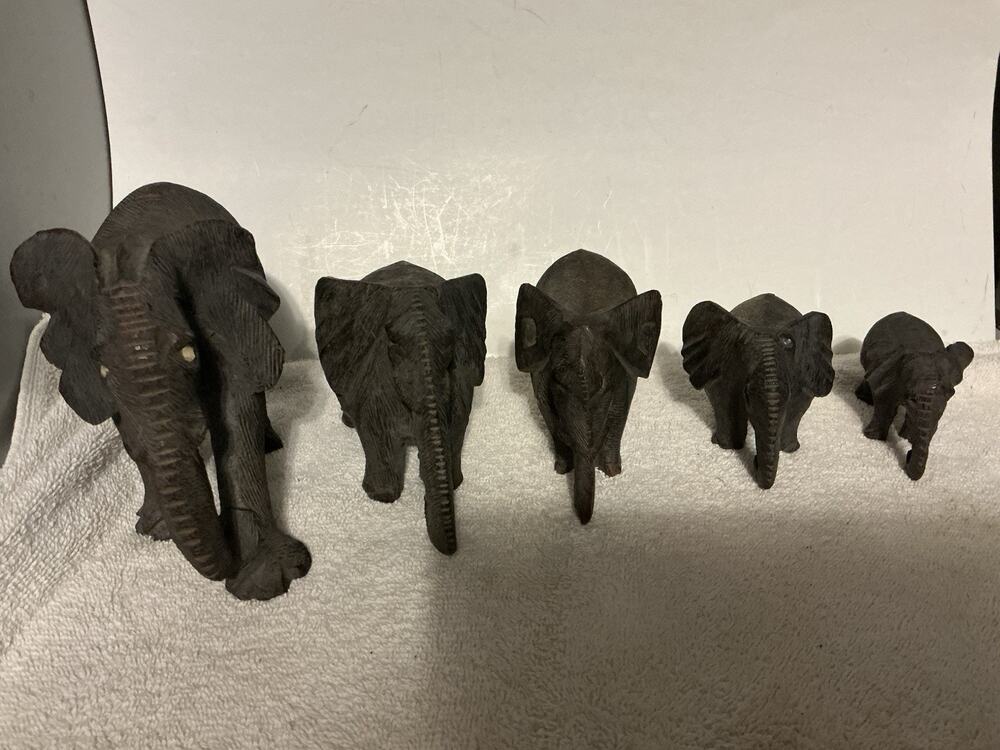 Vintage Hand Carved Wood Elephant Figurines Graduated Family Set 5 Safari